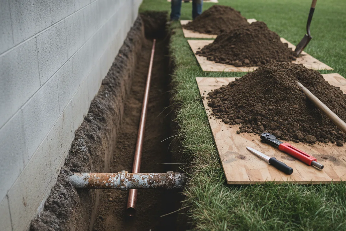 Excavated water line trench during Sewer Line Repair in Woodstock